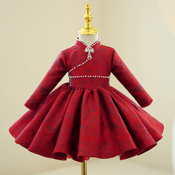 Girl Christmas Dress Toddler Prom Dress Little Girl Stand Collar Long Sleeve Printed Beaded Birthday Party  Dress