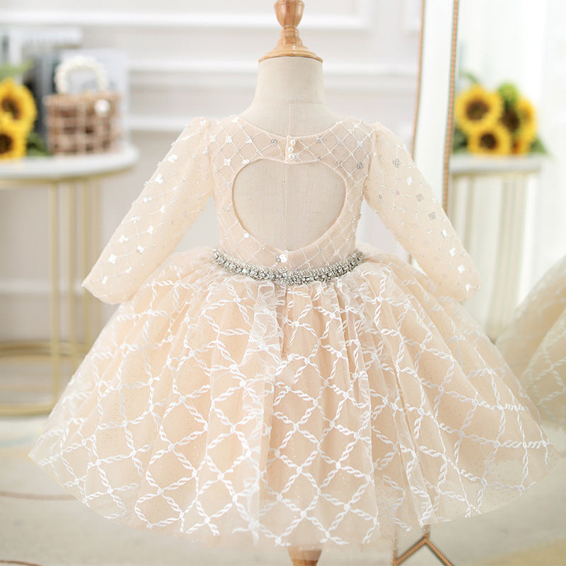 Toddler ball Gowns Girl Long Sleeve Sequin Back Hollow Bead Formal Princess Dress