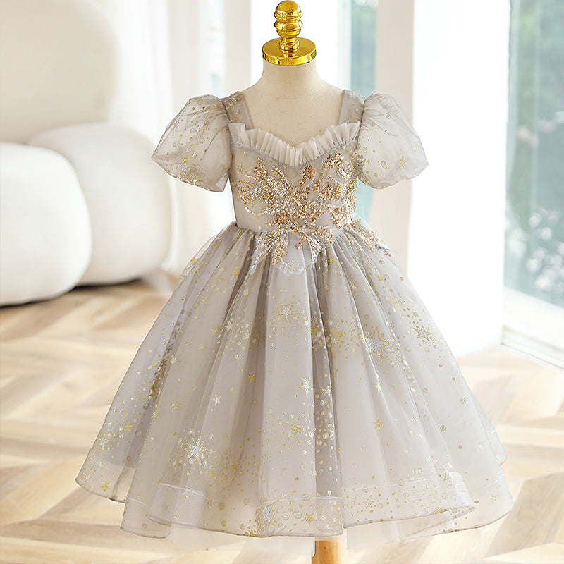 Elegant Girl Puff Sleeve Sequin Birthday Party Show Dress