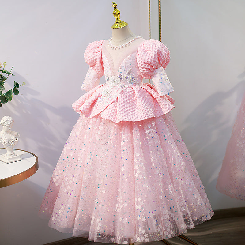 Flower Girl Dress Children Communion Pageant Elegant Cute Sequins Pink Princess Party Dress