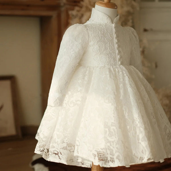 Girl White Long Sleeve Stand Collar Lace Princess Dresses Baby Girl Formal Dresses