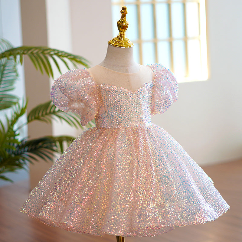 Baby Girl Pageant Princess Dresses Toddler Summer Elegant Pink Sequin Bow Birthday Party Dress