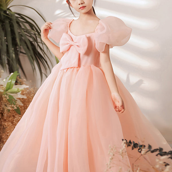 Flower Girl Dress Children Summer Birthday Party Dress Pink Puff Sleeve Bowknot Dress