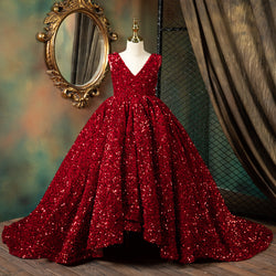 Girl Luxury Red Sleeveless Trailing Sequins Fluffy Princess Communion Dres