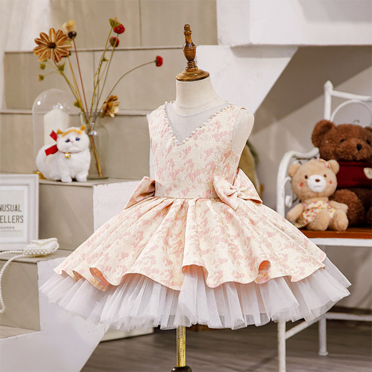 Baby Girl Dress Toddler Bow-knot Mesh Fluffy Shadow Print Party Princess Dress