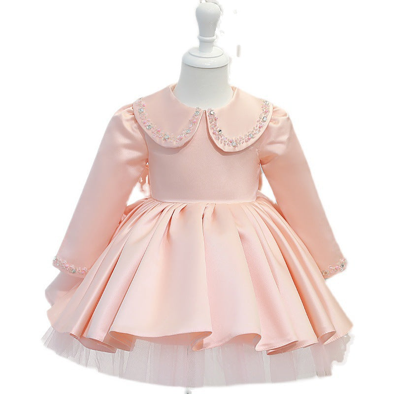 Baby Girl Communion Dress Girl Birthday Party Long Sleeve Doll Collar Beaded Princess Dress