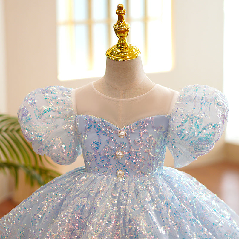 Baby Girl Birthday Party Dress Blue Sequin Bubble Princess Dress – marryshe