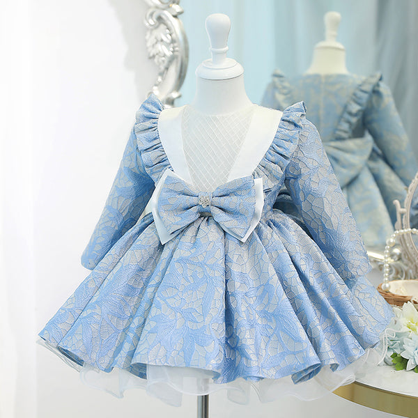 Baby Girl Princess Dress Girl Blue Long Sleeve Bow Knot Fluffy Formal Dresses