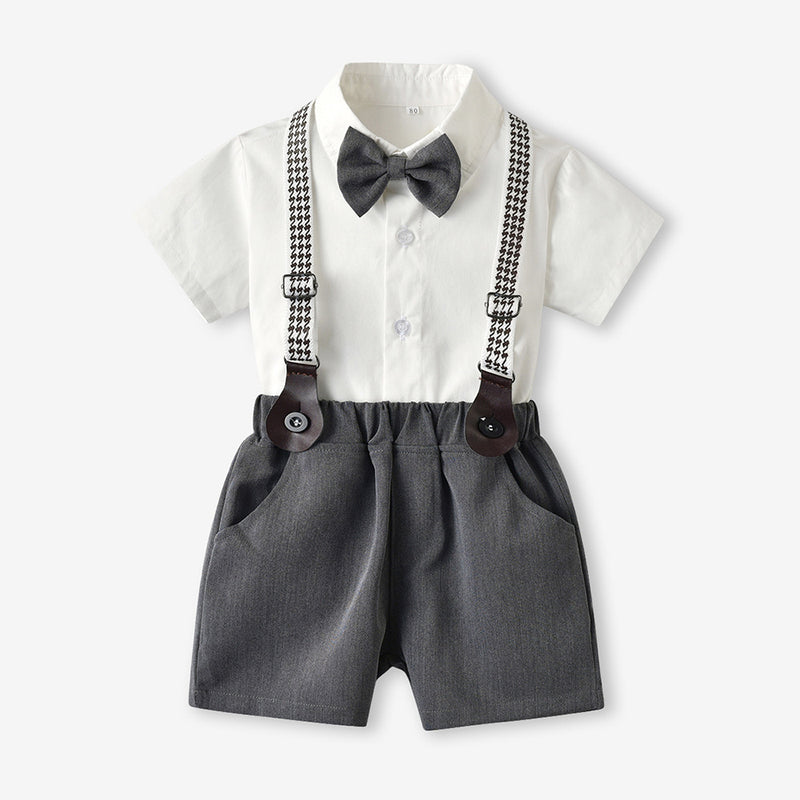 Baby Boys Short Sleeve Bow Shirt Bib Shorts Two Piece Set