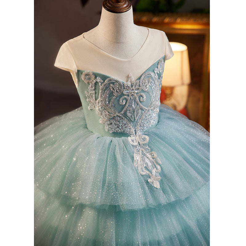 Toddler Girl Pageant Dress Summer Sky Blue Cake Fluffy Birthday Party Princess Dress