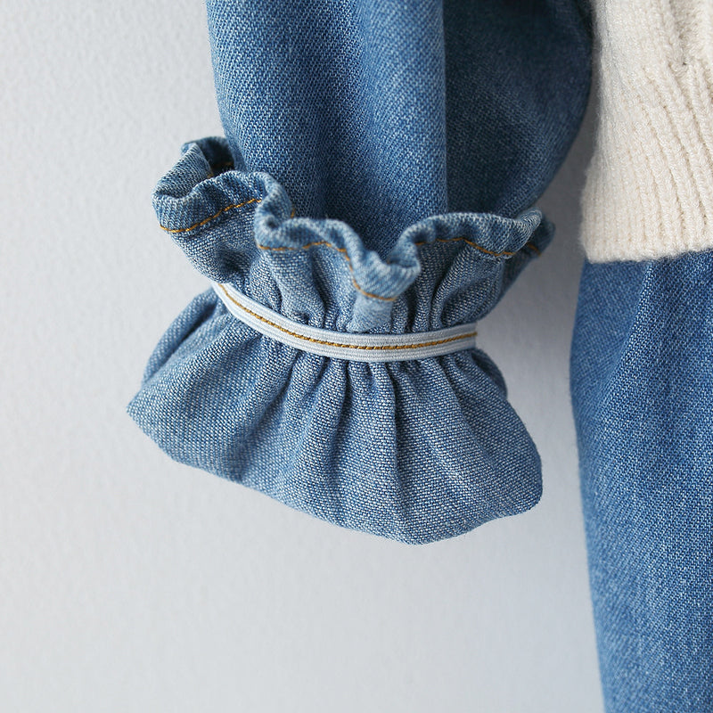 Baby Girl Autumn Long-sleeved Denim Dress Woolen Vest Suit