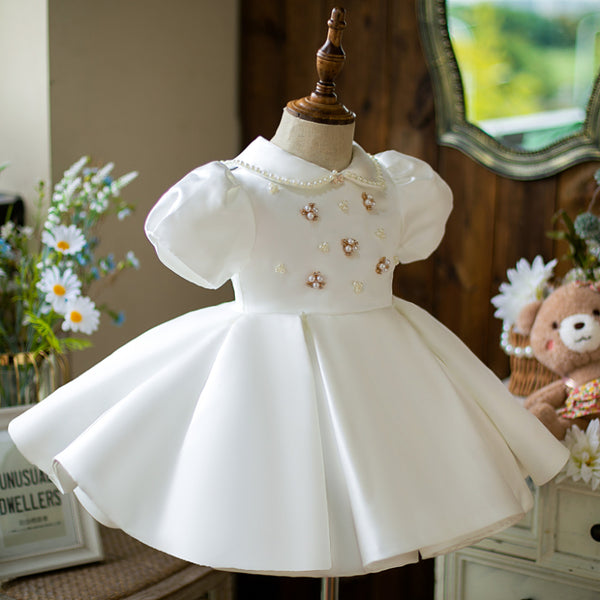 Toddler Prom Dress Girl Princess Summer White Bead Doll Collar Christening Dress