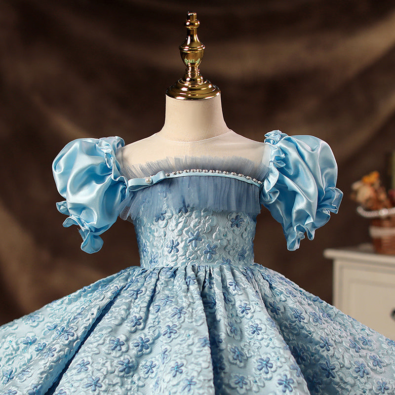 Toddler Ball Gowns Girl Princess Blue Flower Formal Fluffy Birthday Party Dress