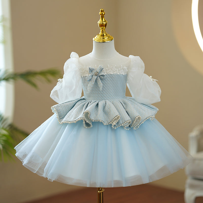 Baby Girl First Communion Dress Girl Princess  Puff Sleeves Beaded Fluffy Birthday Party Dress