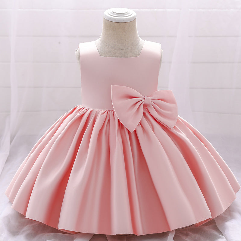 Baby Girl Birthday Party Dress Toddler Summer Round Neck Bow Textured Puffy Formal Princess Dress