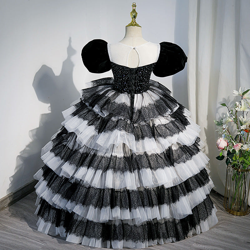 Flower Girl Dress Children Princess Dress Summer Black Sequin Cake Fluffy Communion Dress