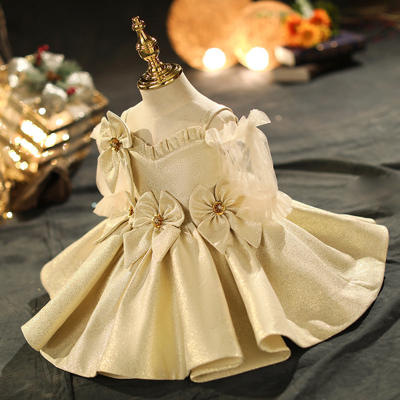 Toddler Ball Gowns Little Girl Flower Puff Sleeves Champagne Bow Princess Dress