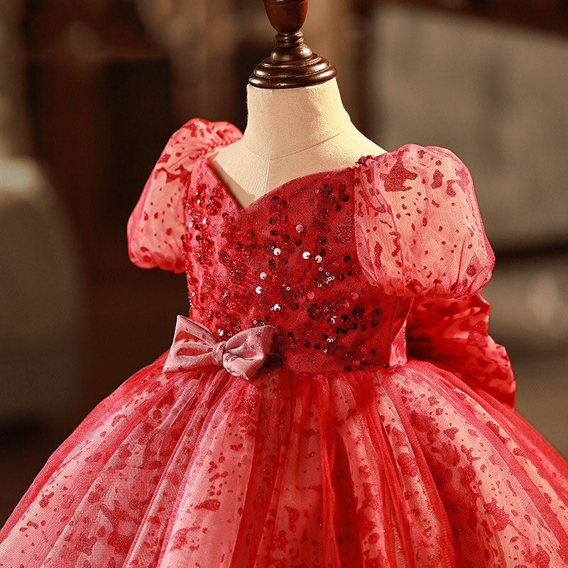 Flower Girl Dress Toddler Wine Red Puff Sleeve Sequin Bow Puffy Princess Dress
