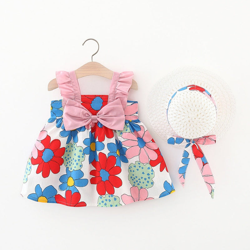 Baby Girl Tutu Dress Summer Sleeveless Backless Princess Birthday Party Dresses Flower Bow Sundress with Hat Set