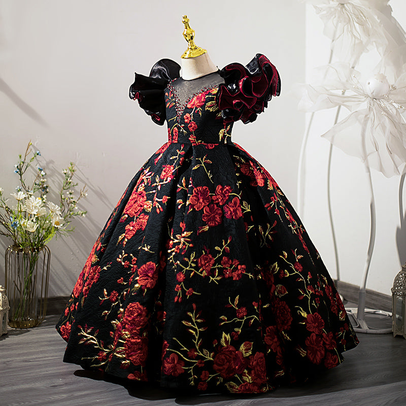 Flower Girl Dress Children Princess Summer Floral Embroidery Vintage Party Communion Dress, Black and Red / 3-4 Years (110cm) Flower Girl Dress Children Princess Summer Floral Embroidery Vintage Party Communion Dress, Black and Red / 3-4 Years (110cm)