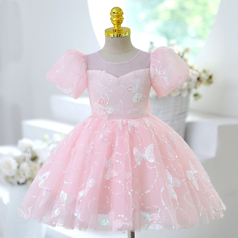 Girl Formal Princess Dress Baby Girl Pink Butterfly Sequins Birthday Party Dress