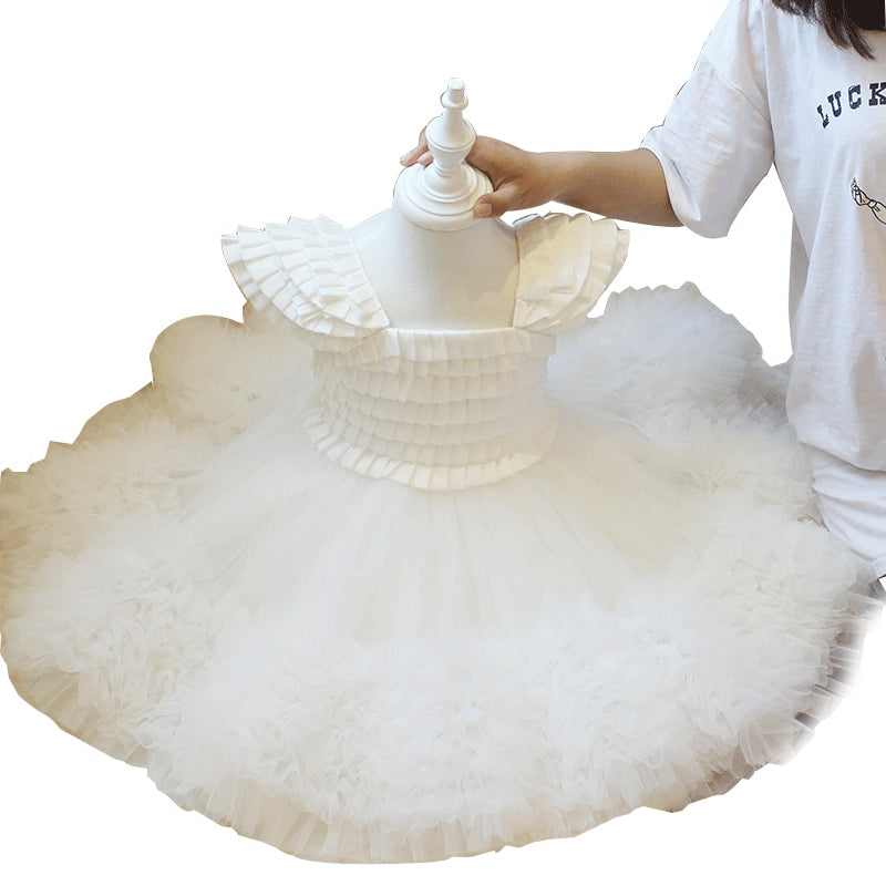 Baby Girl Dress Toddler Birthday Party Communion White Cake Fluffy Baptism Dress