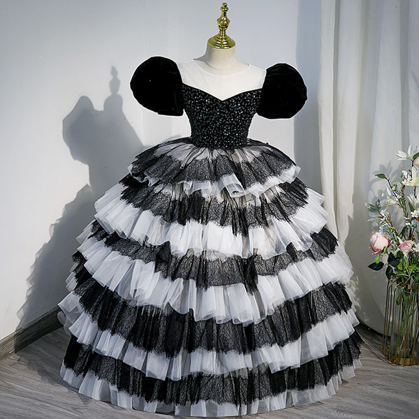 Flower Girl Dress Children Princess Dress Summer Black Sequin Cake Fluffy Communion Dress