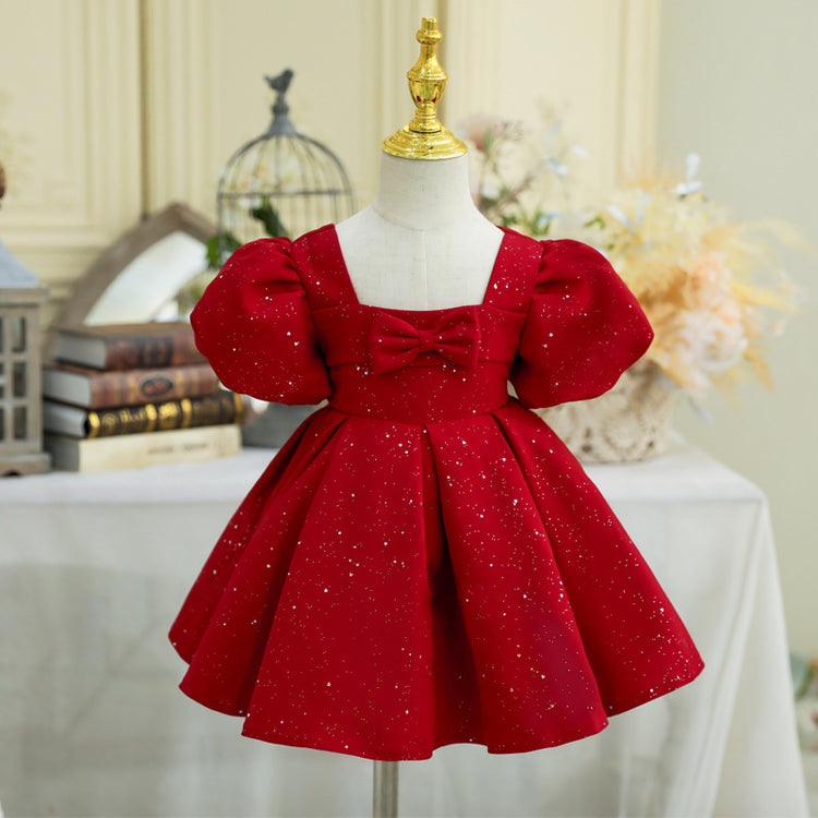 Girl Christmas Dress Baby Girl Day Red Square Neck Bow Princess Dress