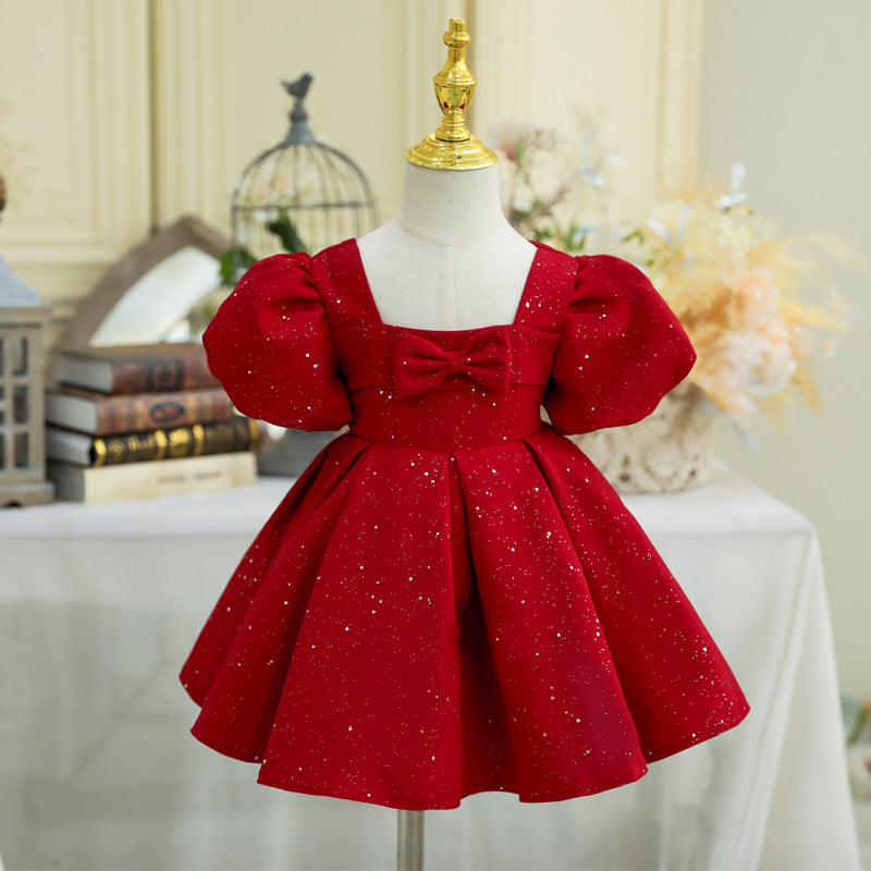 Girl Christmas Dress Baby Girl Day Red Square Neck Bow Princess Dress