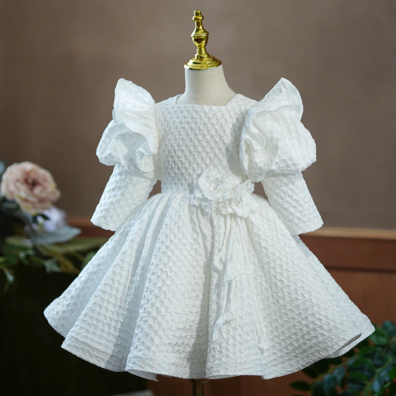 Flower Girl Dress Toddler Princess White Long Sleeve Puffy Baptism Pageant CommunionChristening Dress