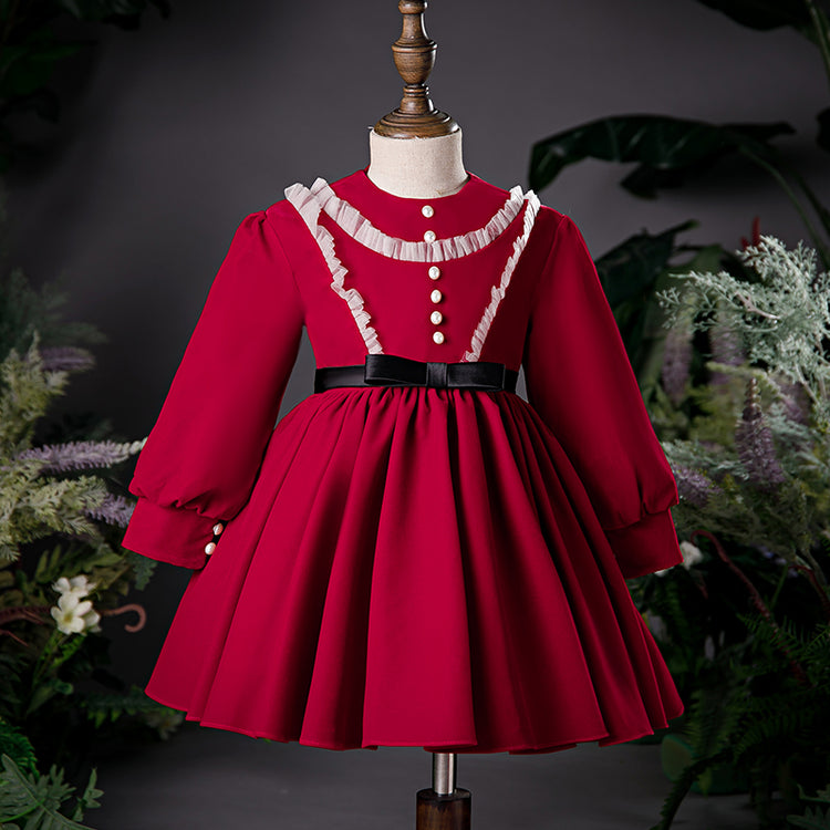 Baby Girl Dress Toddler Flower Formal Communion Elegant Red Autumn Bead Princess Dress