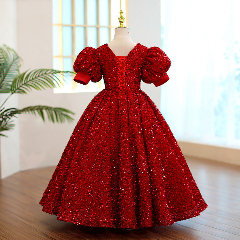 Girl Christmas Dress First Communion Dress Red Sequin Round Neck Birthday Party Princess Dress