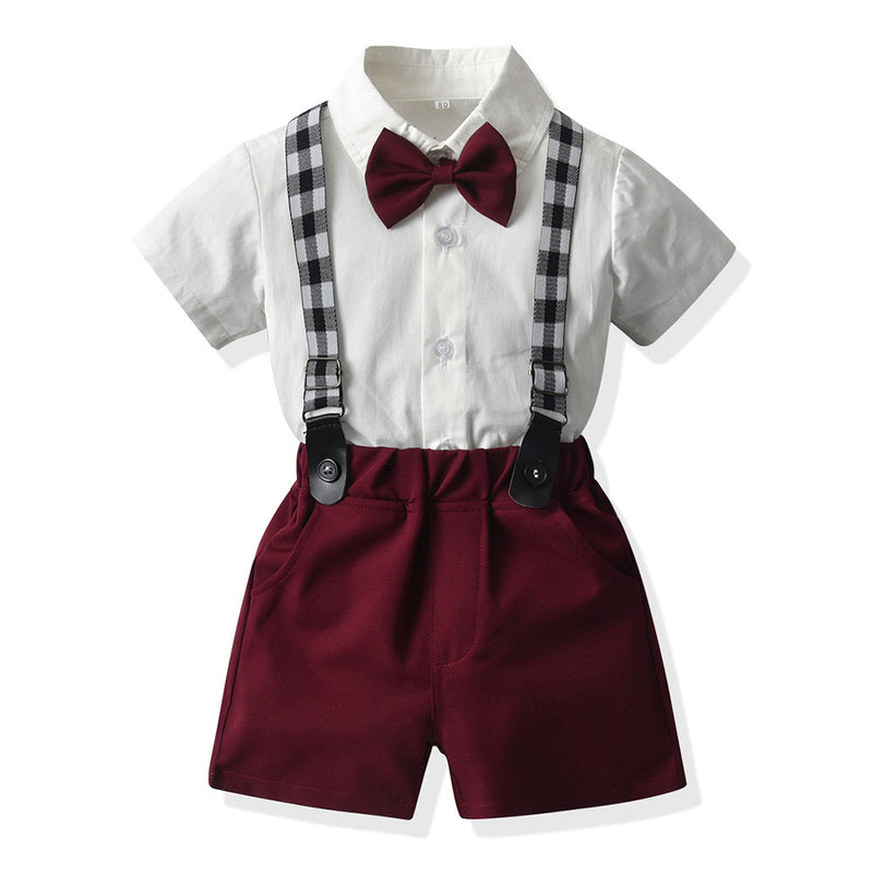 Baby Boys Short Sleeve Bow Shirt Bib Shorts Two Piece Set