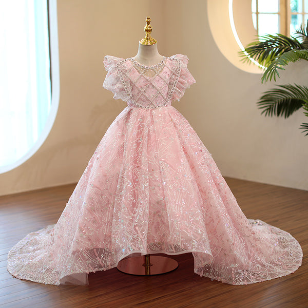 Flower Girl Dress Little Girl Communion Dress Summer Pink Trailing Sequin Princess Party Dress