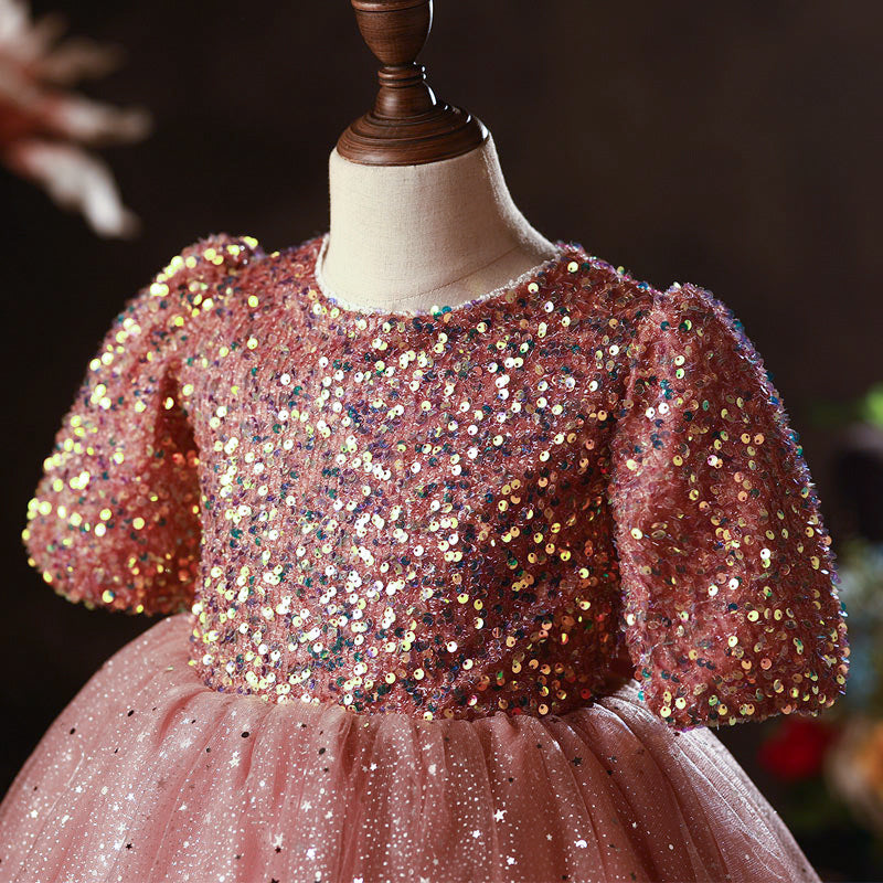 Girl Summer Pink Sequin Bow Princess Party Dress