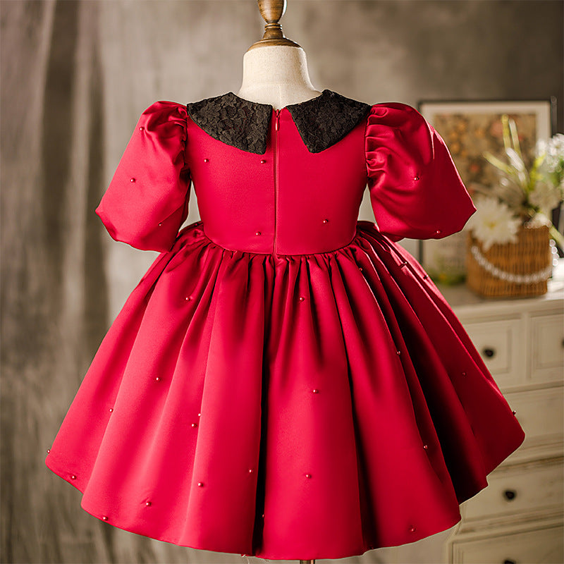 Baby Girl Dress Children Birthday Party Dress Red Puff Sleeve Doll Collar CommunionDress