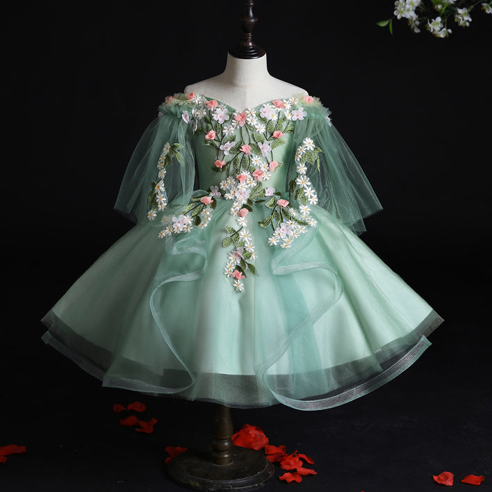 Baby Girl and Toddler Vintage Elegant Embroidery Girl Puffy Green Princess Dresses
