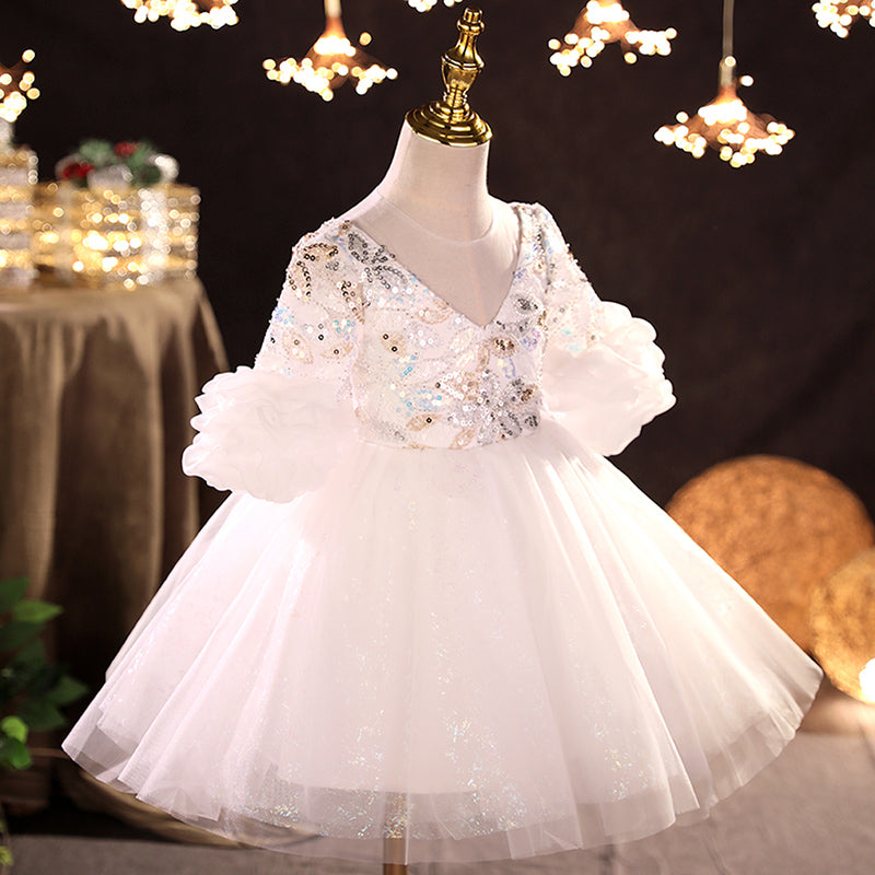 Flower Girl Dress Toddler Ball Gowns White Wedding V-neck Princess Dress