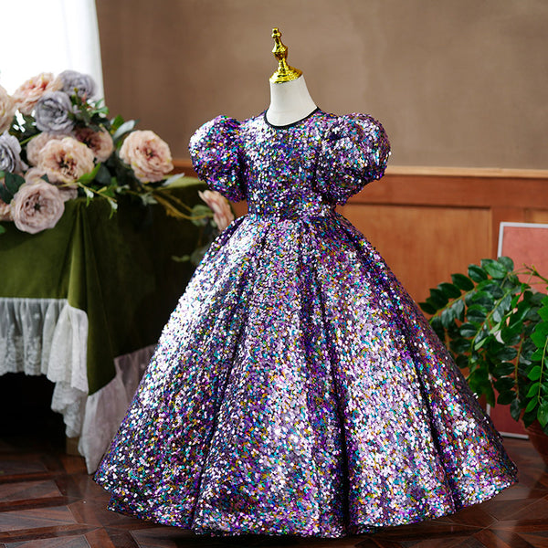 Flower Girl Dress Children Communion Birthday Party Dress Purple Sequins Pageant Dress