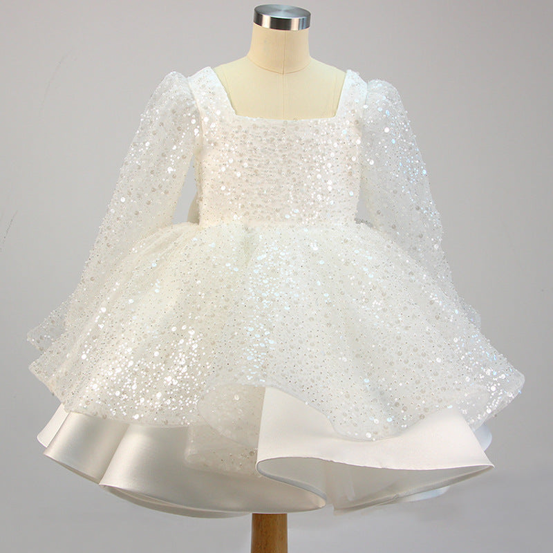 Girl Formal Princess Dresses Baby Girl Bow Mesh Long Sleeve Sequined Christening Dress