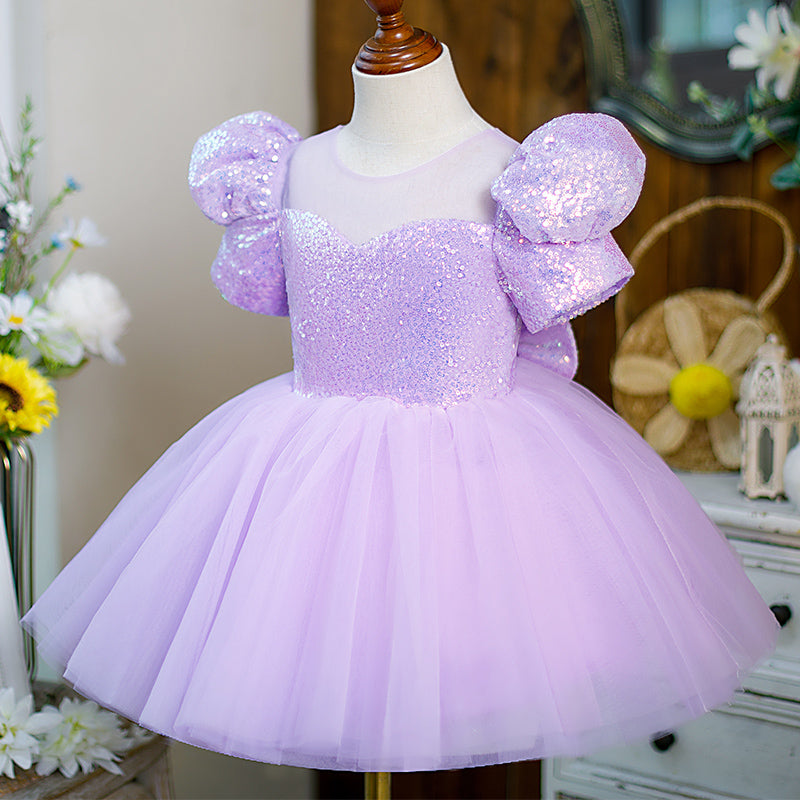 Baby Girl and Toddler Birthday Party Dress Sequin Puff Sleeve Puffy Princess Dress