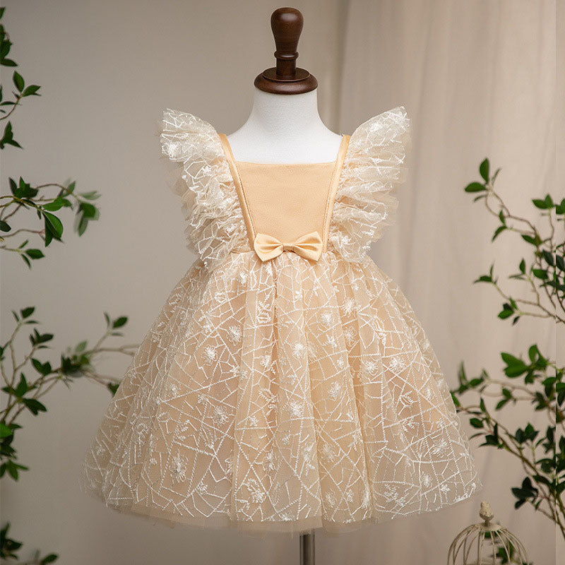 Flower Girl Dress Toddler Small Fly Sleeve Champagne Pageant Princess Dress