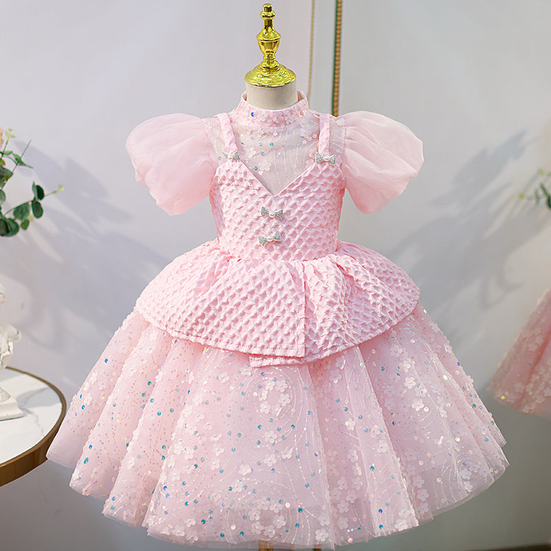 Flower Girl Dress Children Easter Princess Summer Pink Sequin Puff Sleeves Cake Dress