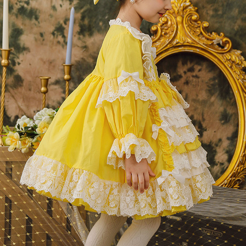 Baby Girl Princess Party Dress Yellow Lolita Lace Floral Girl Cake Dress