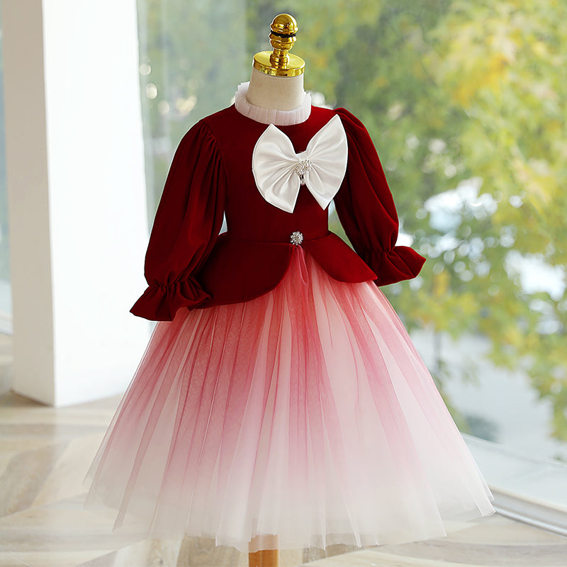 Girl Christmas Dress Toddler Ball Gowns Toddler Red Gradient Long Sleeve Big Bow Princess Dress