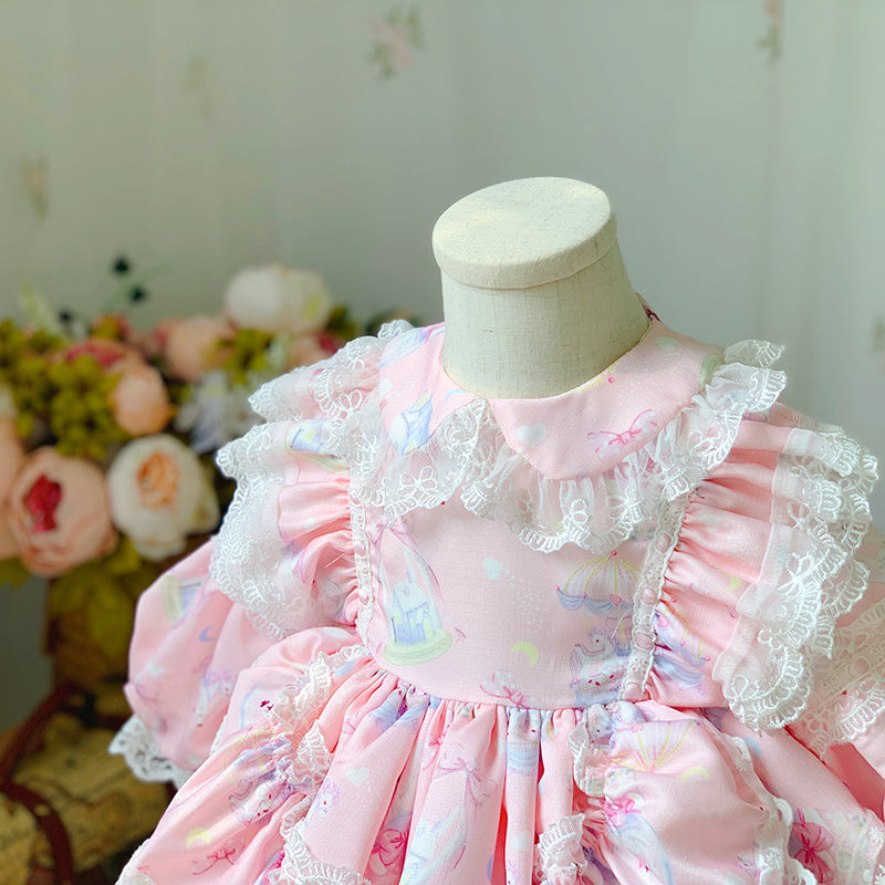 Baby Girl Pink Long Sleeve Lolita Lace Dresses Girl Princess Party Dresses