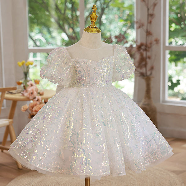 Baby Girl White Sequins Fluffy Yarn Performance Princess Dress