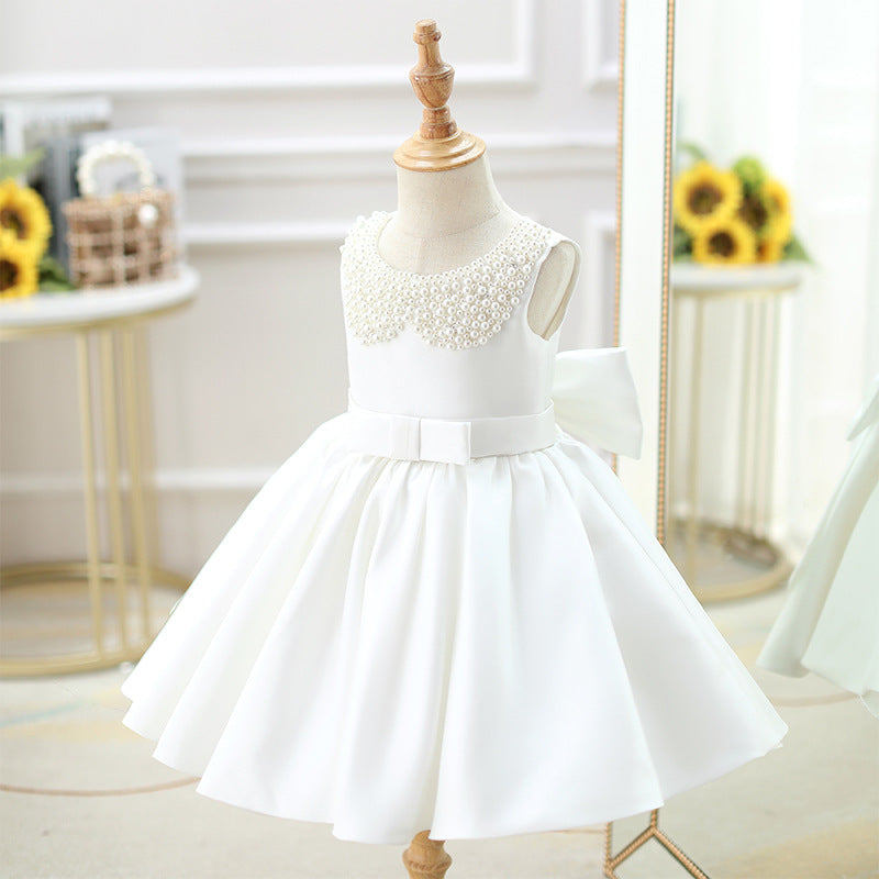 Toddler First Communion Dress Baby Girl Princess Party Dress White Bead Collar Flower Girl Dress