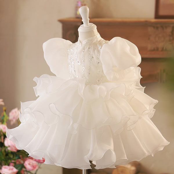 Baby Girl White Baptism Dresses Toddler Sequins Princess Dress Girl Puffy Prom Dress