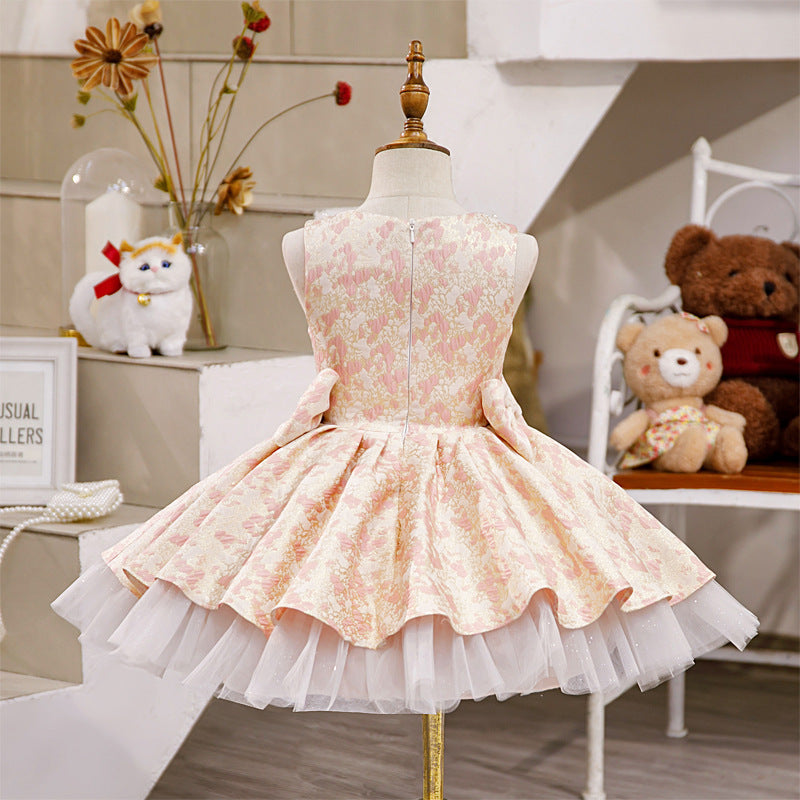 Baby Girl Dress Toddler Bow-knot Mesh Fluffy Shadow Print Party Princess Dress